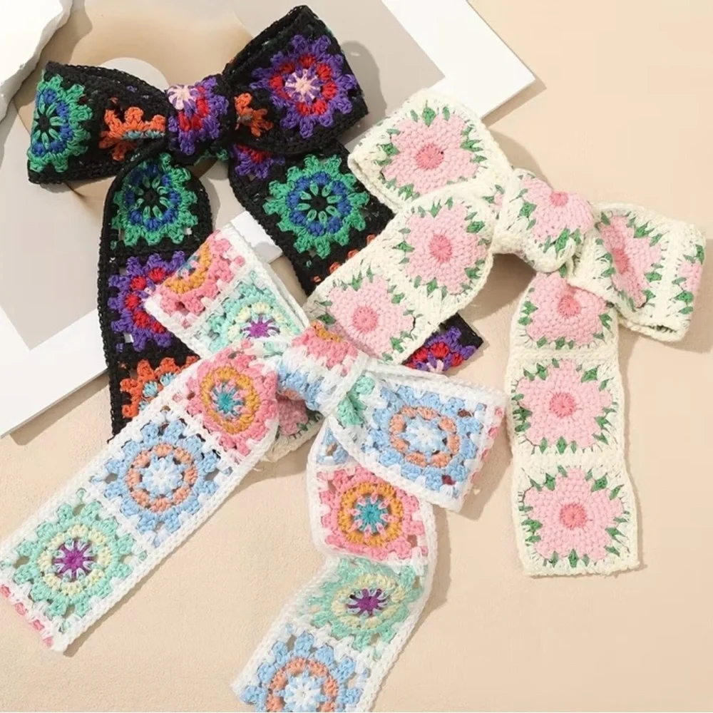 Crochet Floral Hair Bow Clips (Set of 3) | Cottagecore Romantic Hair Accessories